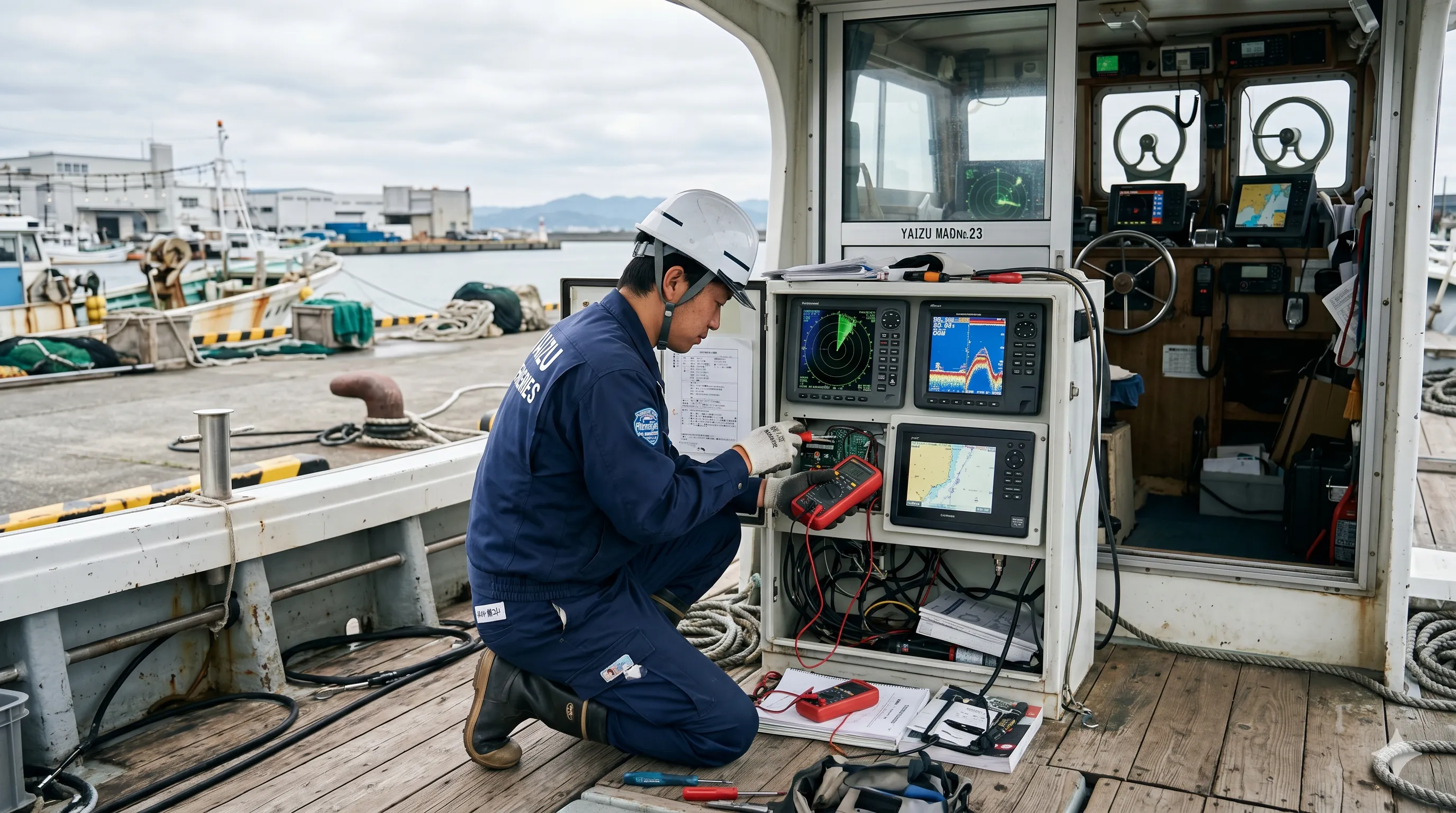 船舶の航海計器・通信機器の保守点検作業の様子